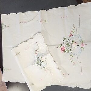 Vintage Handmade Embroidered Tea Towels & Matching Table Runner